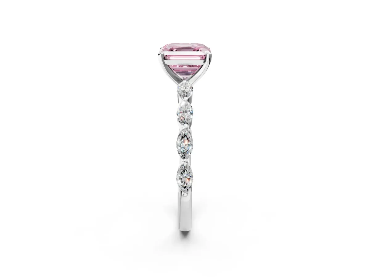 Fancy Pink Asscher Cut Diamond Ring with Marquise Side Stones and Prong Setting Platinum