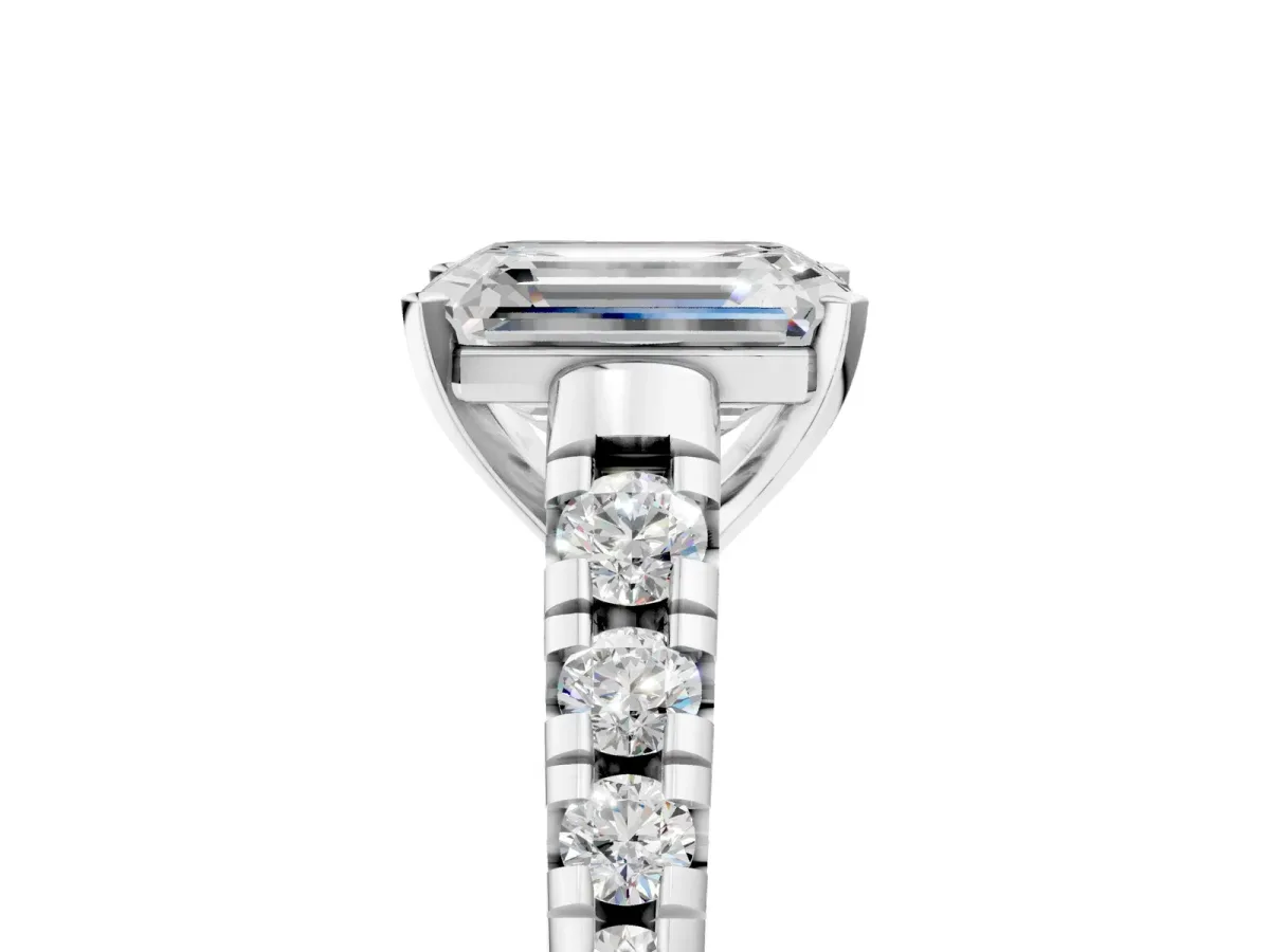 Emerald Cut Diamond Cathedral Solitaire Ring with Round Moissanite Pavé Band Silver