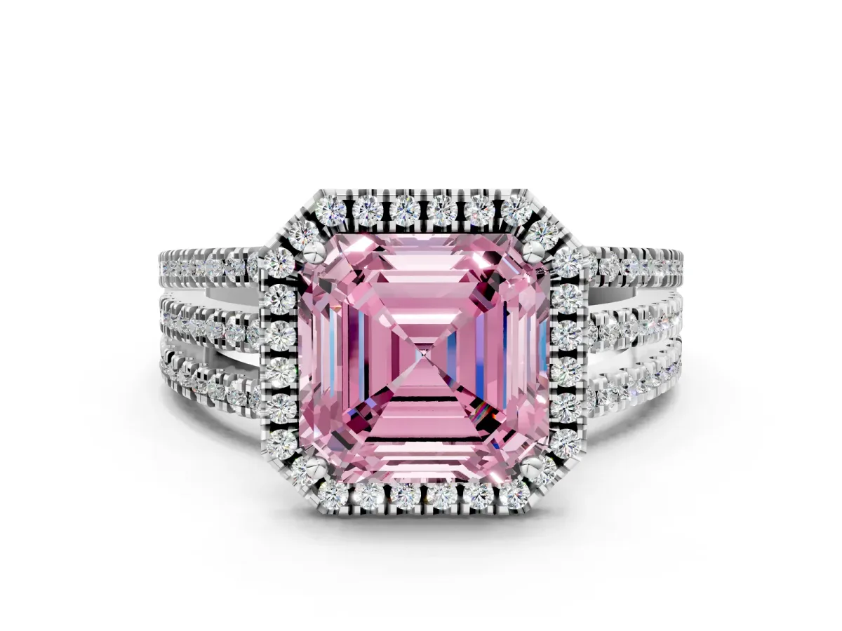 Fancy Pink Asscher Cut Diamond Halo Engagement Ring with Split Shank and Four-Prong Setting Platinum