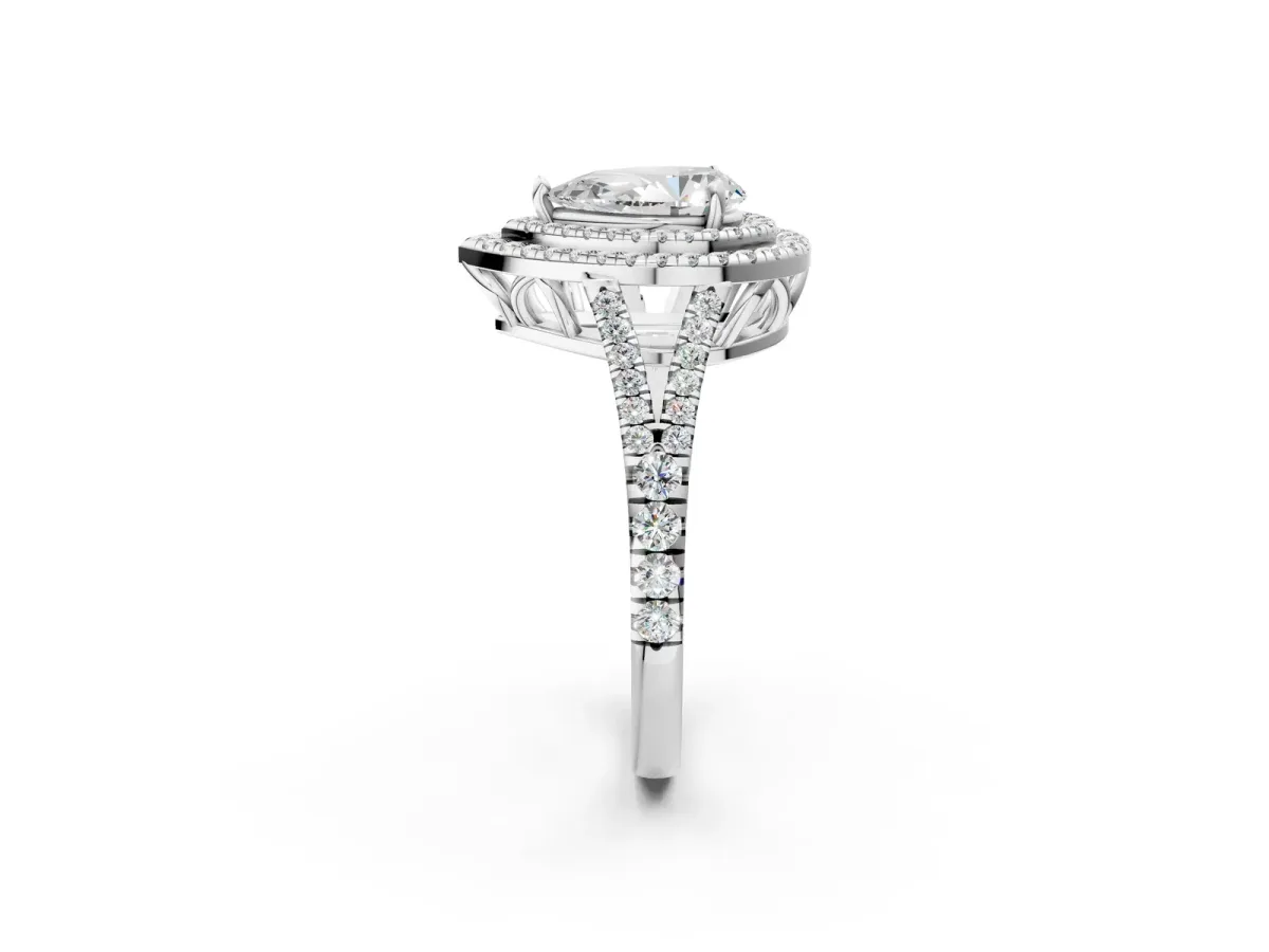 Pear Cut Diamond Double Halo Ring with Pavé Band and Prong Setting Silver