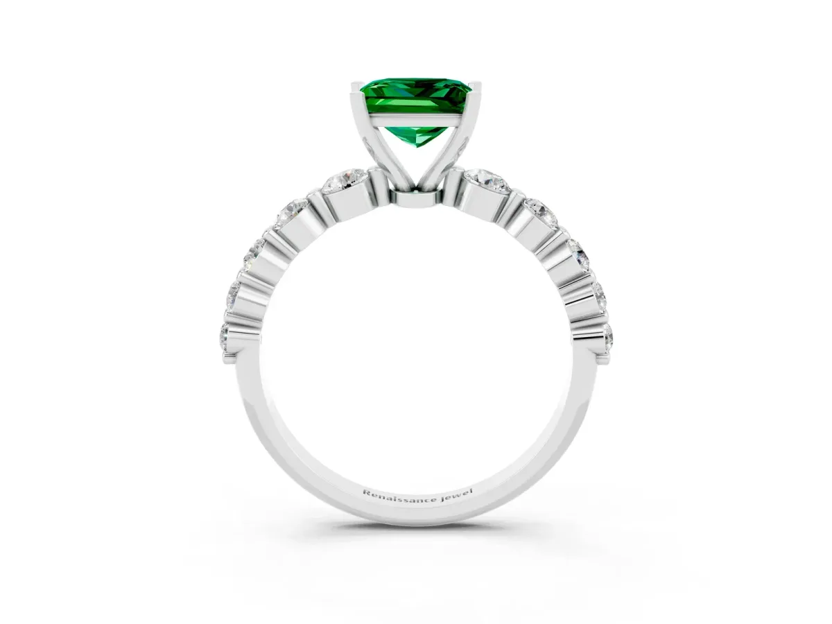 Princess Cut Solitaire Emerald Ring with Pave Band and Four-Prong Setting Platinum