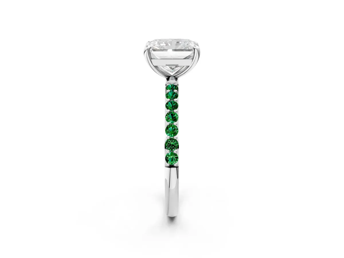 Radiant Cut Diamond Solitaire Ring with Round Emerald Pavé Band and Prong Setting Silver
