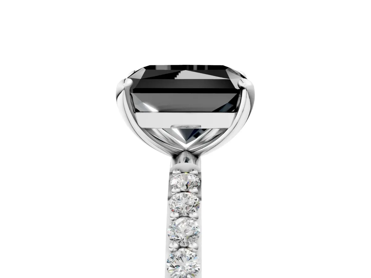 Fancy Black Radiant Cut Diamond Solitaire Ring with Round Pavé Band and Prong Setting Silver