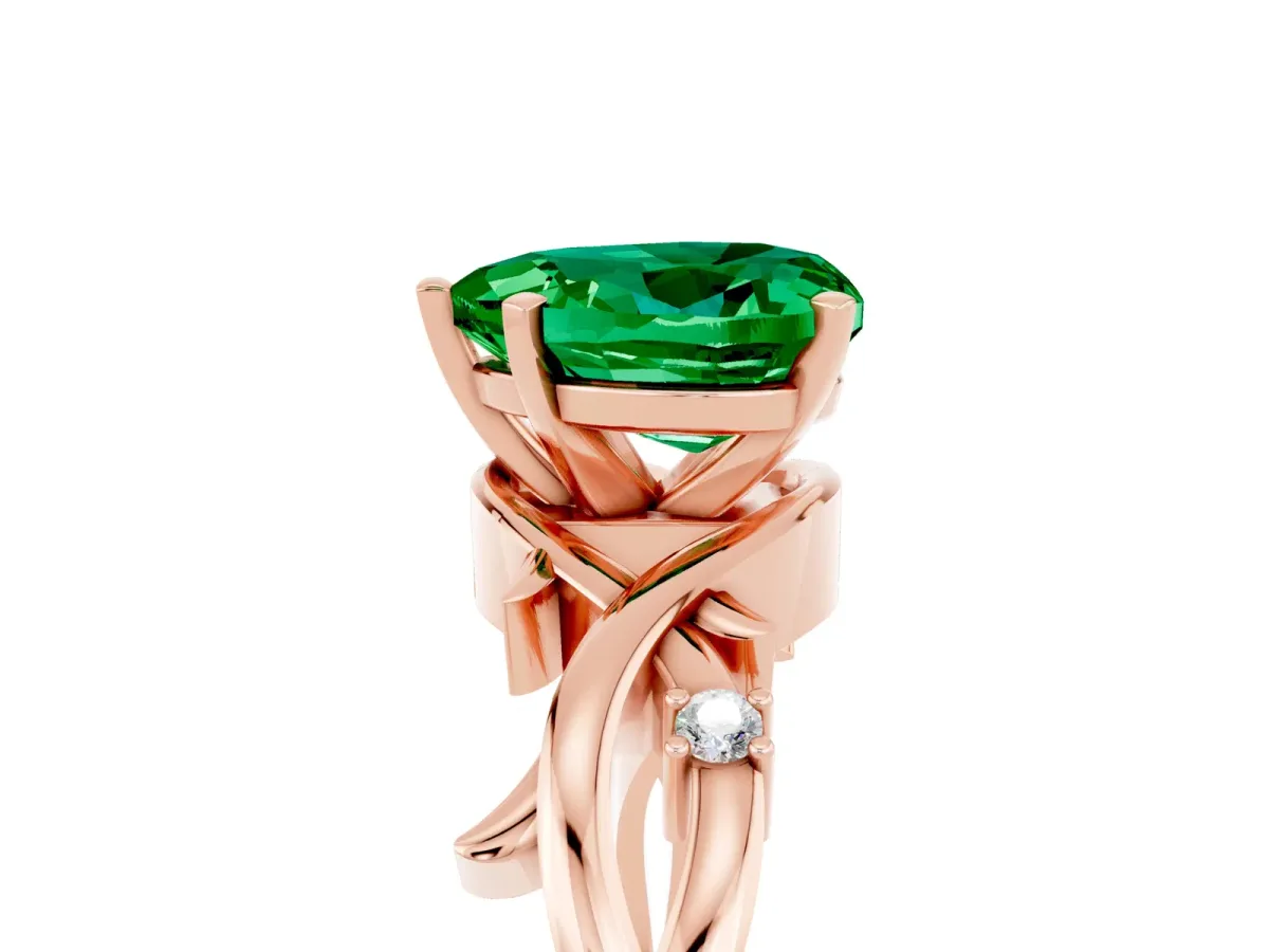 Heart Cut Emerald Solitaire Ring with Twisted Band and Prong Setting Rose gold