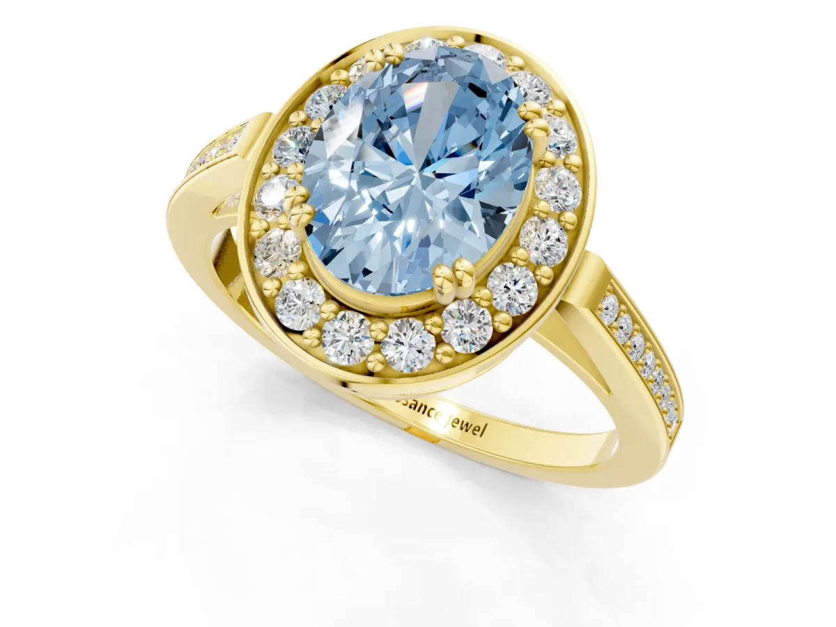Fancy Blue Oval Cut Diamond Halo Ring with Split Shank and Four-Prong Setting Yellow gold