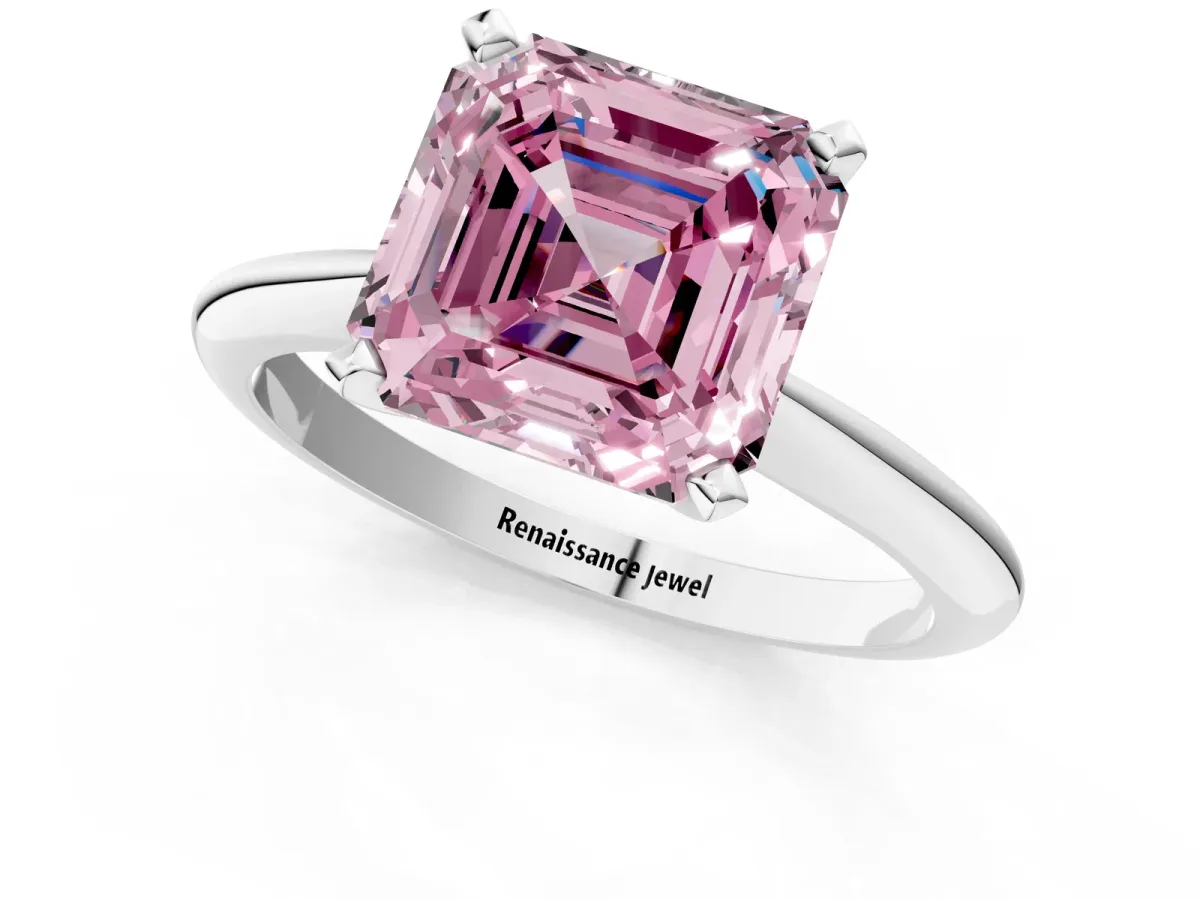 Fancy Pink Asscher Cut Diamond Solitaire Engagement Ring with Classic Band and Four-Prong Setting Silver