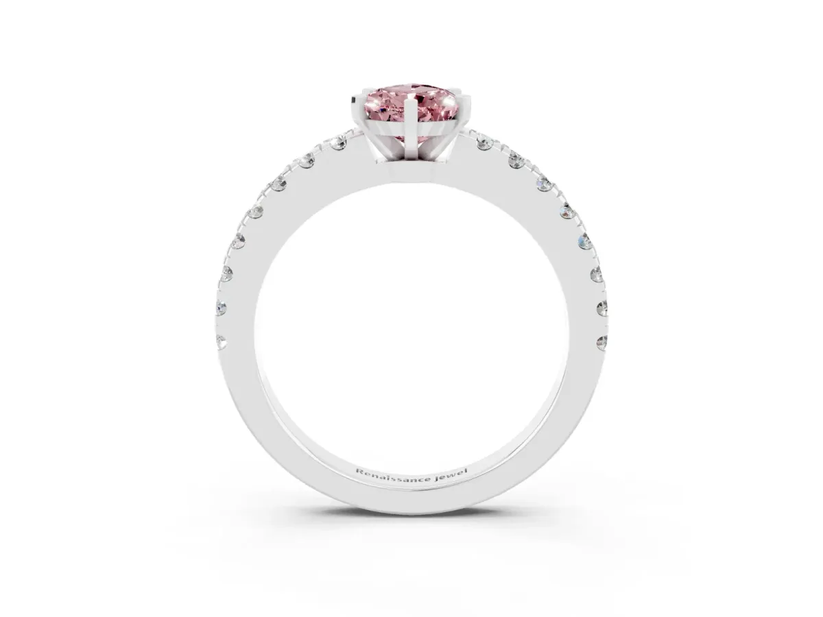 Pear Cut Solitaire Morganite with Pavé Band and Four-Prong Setting Silver