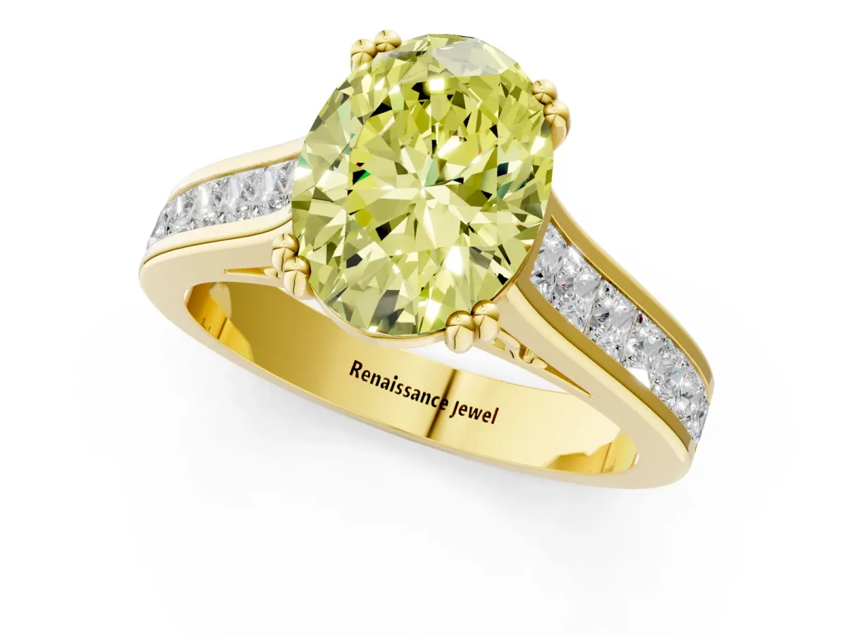 Fancy Yellow Oval Cut Cut Channel Set Solitaire Engagement Ring with Prong Setting Yellow gold