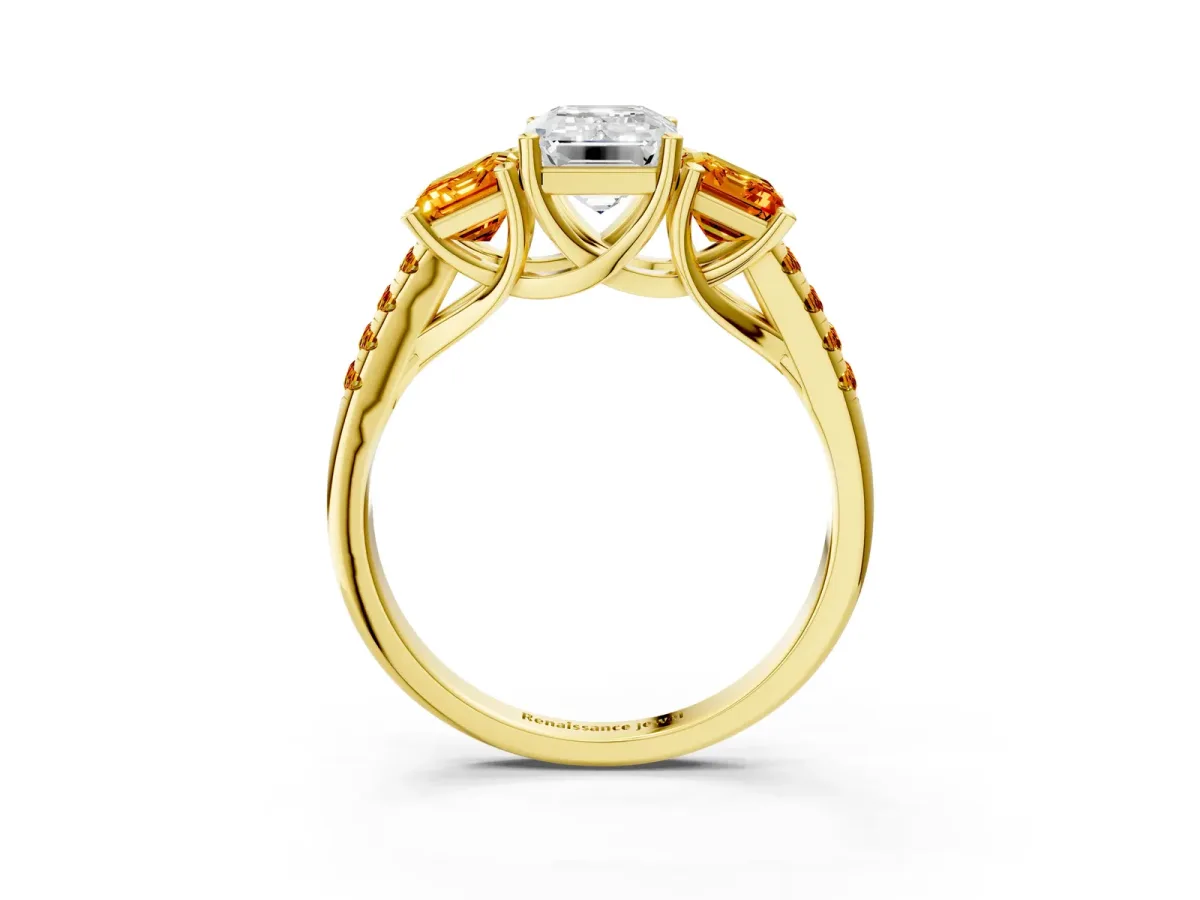 Three-Stone Emerald Cut Diamond Ring with Round Citrine Pavé Band and Prong Setting Yellow gold