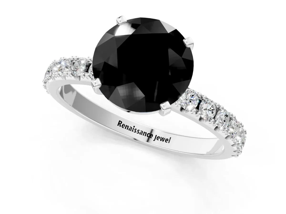 Fancy Black Round Cut Diamond Solitaire Pavé Band with Four-Prong Setting Silver