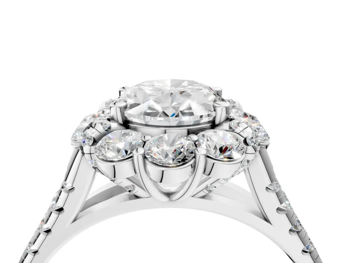 Oval Cut Halo Split Shank Diamond Engagement Ring with Pave Band and Four-Prong Setting Silver
