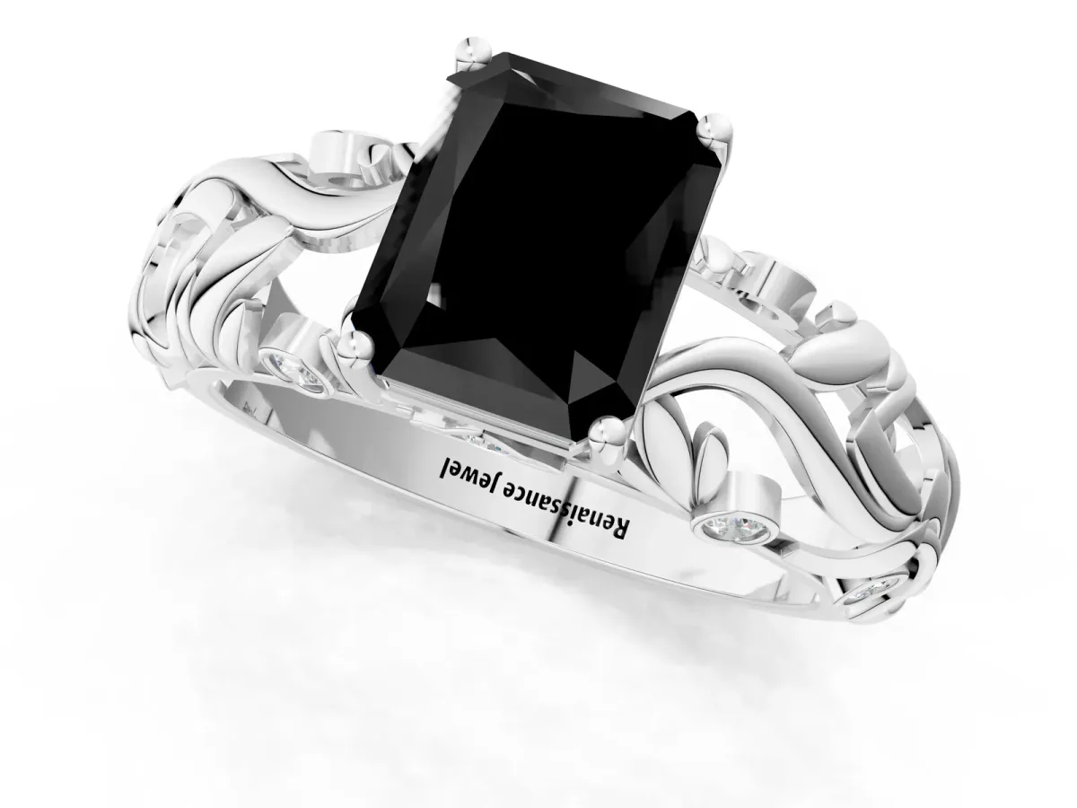 Fancy Black Radiant Cut Solitaire Diamond Leaf-Inspired Vine Band Ring with Prong Setting Platinum