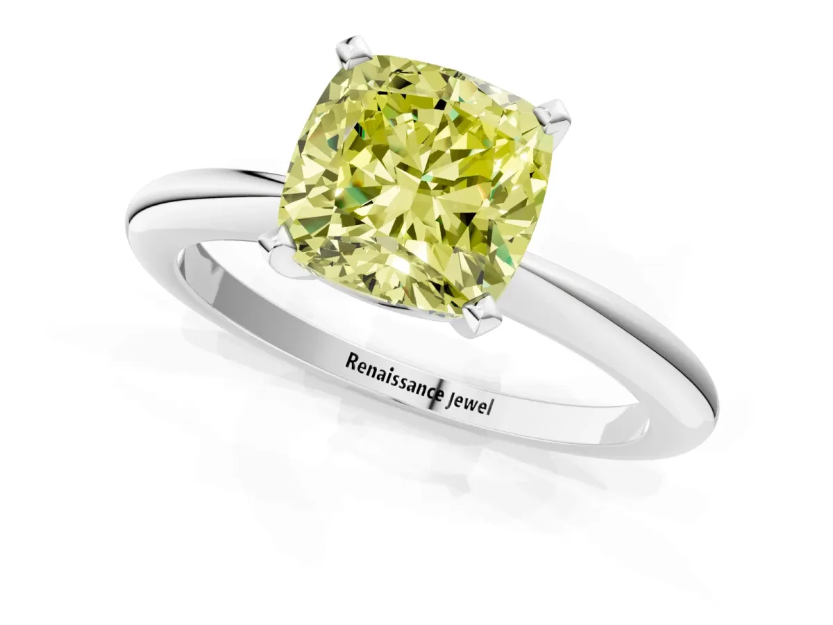 Fancy Yellow Cushion Cut Diamond Solitaire Ring with Six-Prong Setting and Classic Band Silver