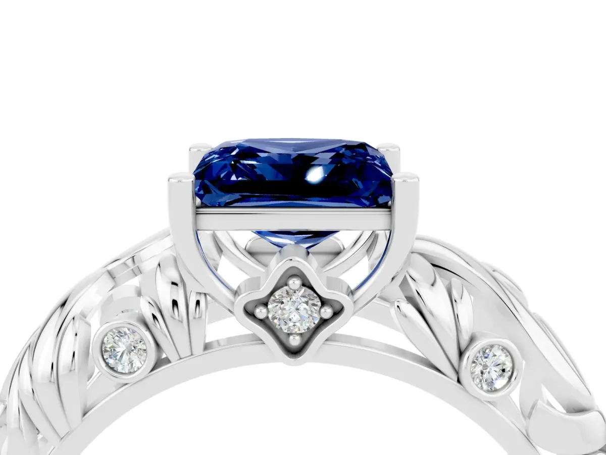 Princess Cut Solitaire Blue Sapphire Leaf-Inspired Vine Band Ring with Prong Setting White gold