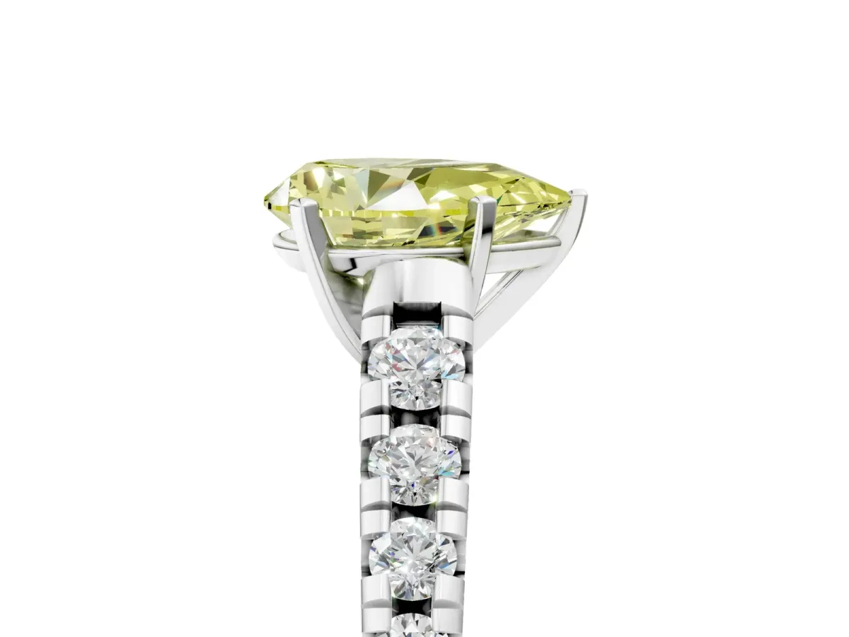 Fancy Yellow Pear Cut Diamond Cathedral Solitaire Ring with Round Pavé Band Silver