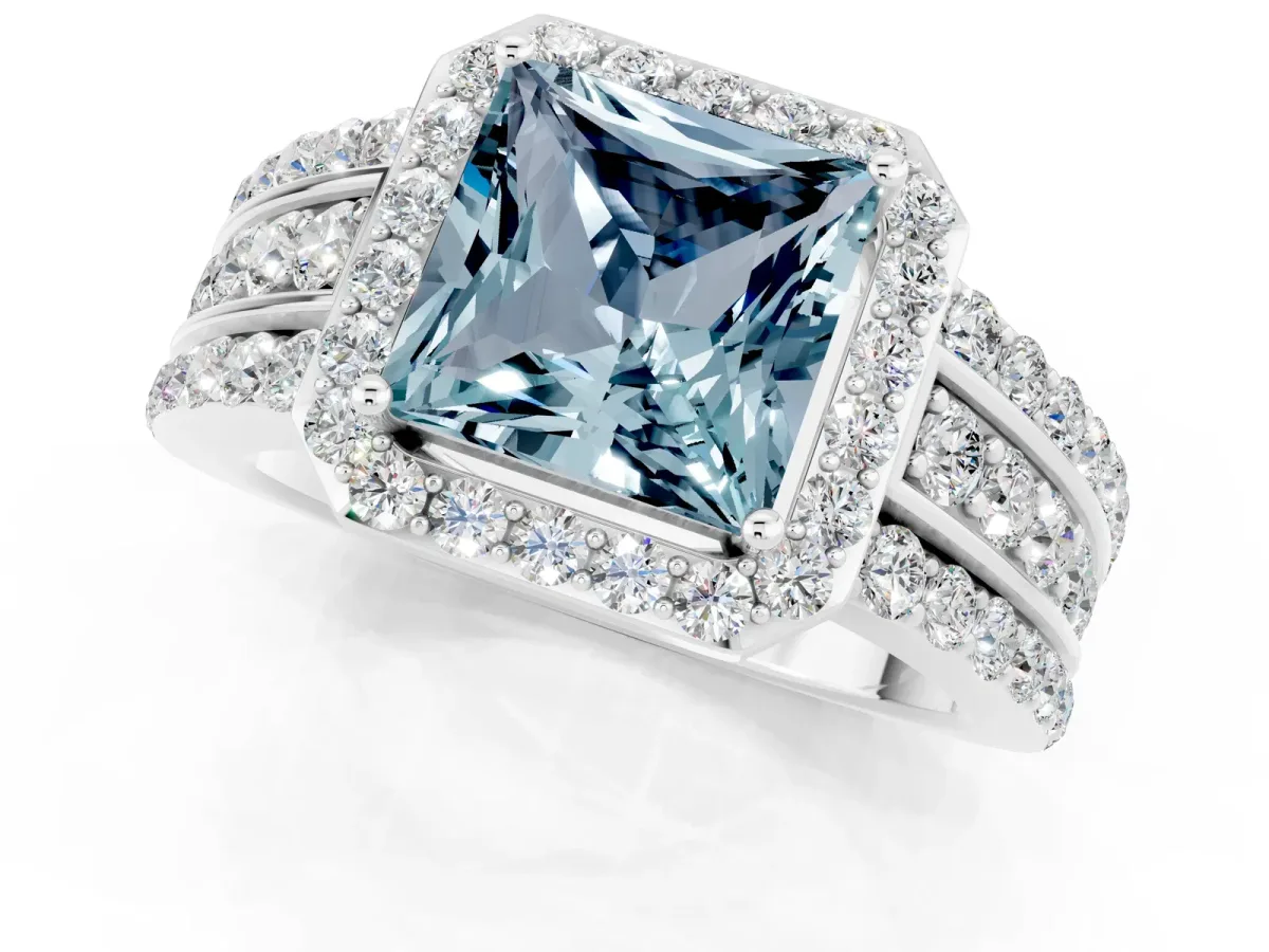 Princess Cut Halo Aquamarine Ring with Round Split Shank and Prong Setting Silver
