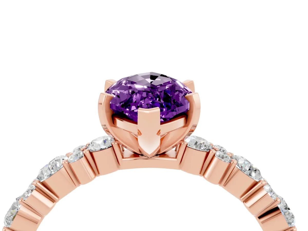Marquise Cut Amethyst Side Stone Solitaire Ring with Round and Four-Prong Setting Rose gold