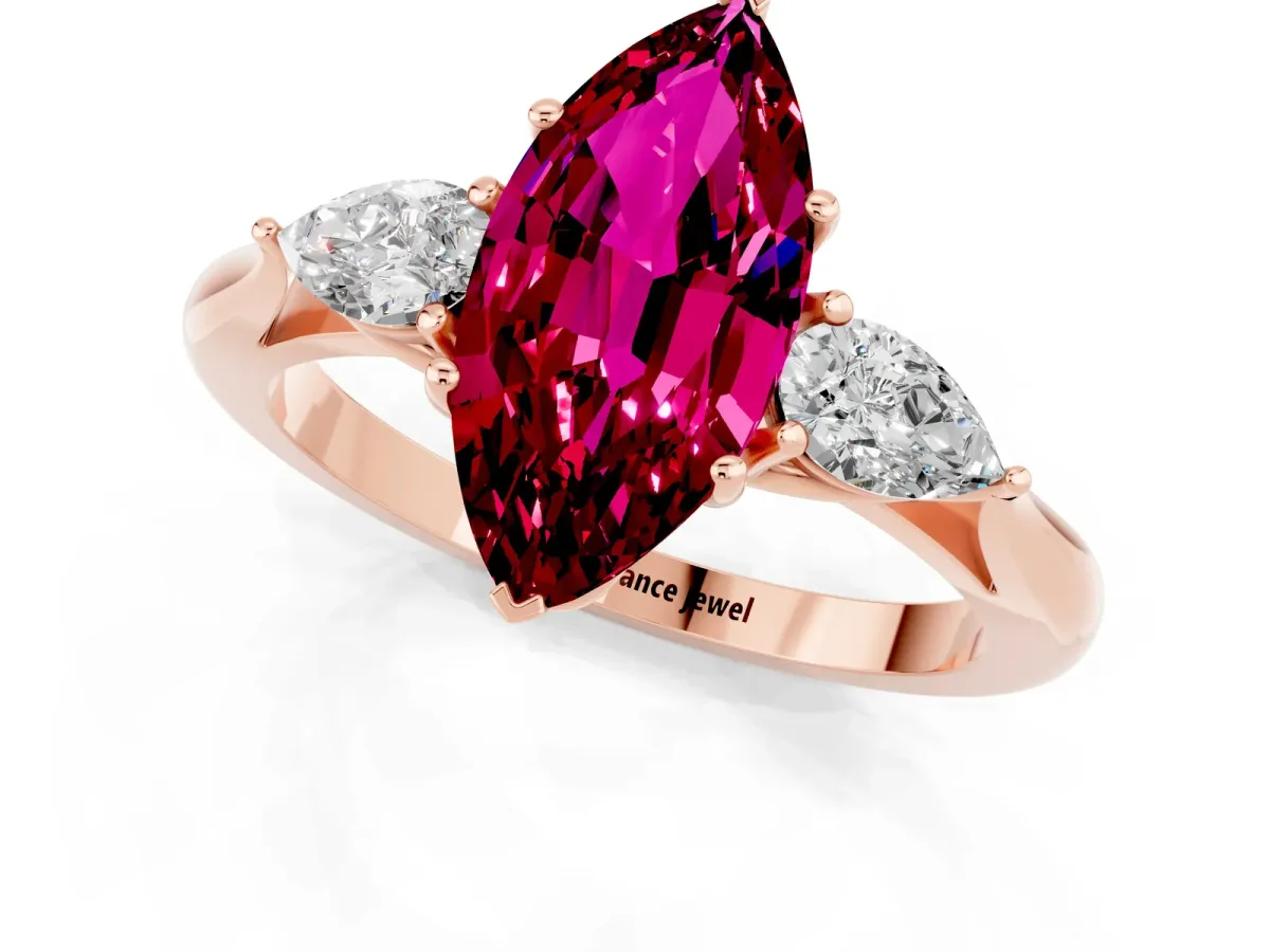 Marquise Cut Garnet Three-Stone Ring with Pear Side Stones and Prong Setting Rose gold