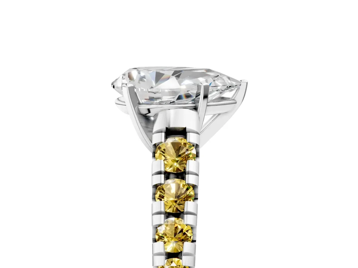 Pear Cut Diamond Cathedral Solitaire Ring with Round Yellow Sapphire Pavé Band Silver