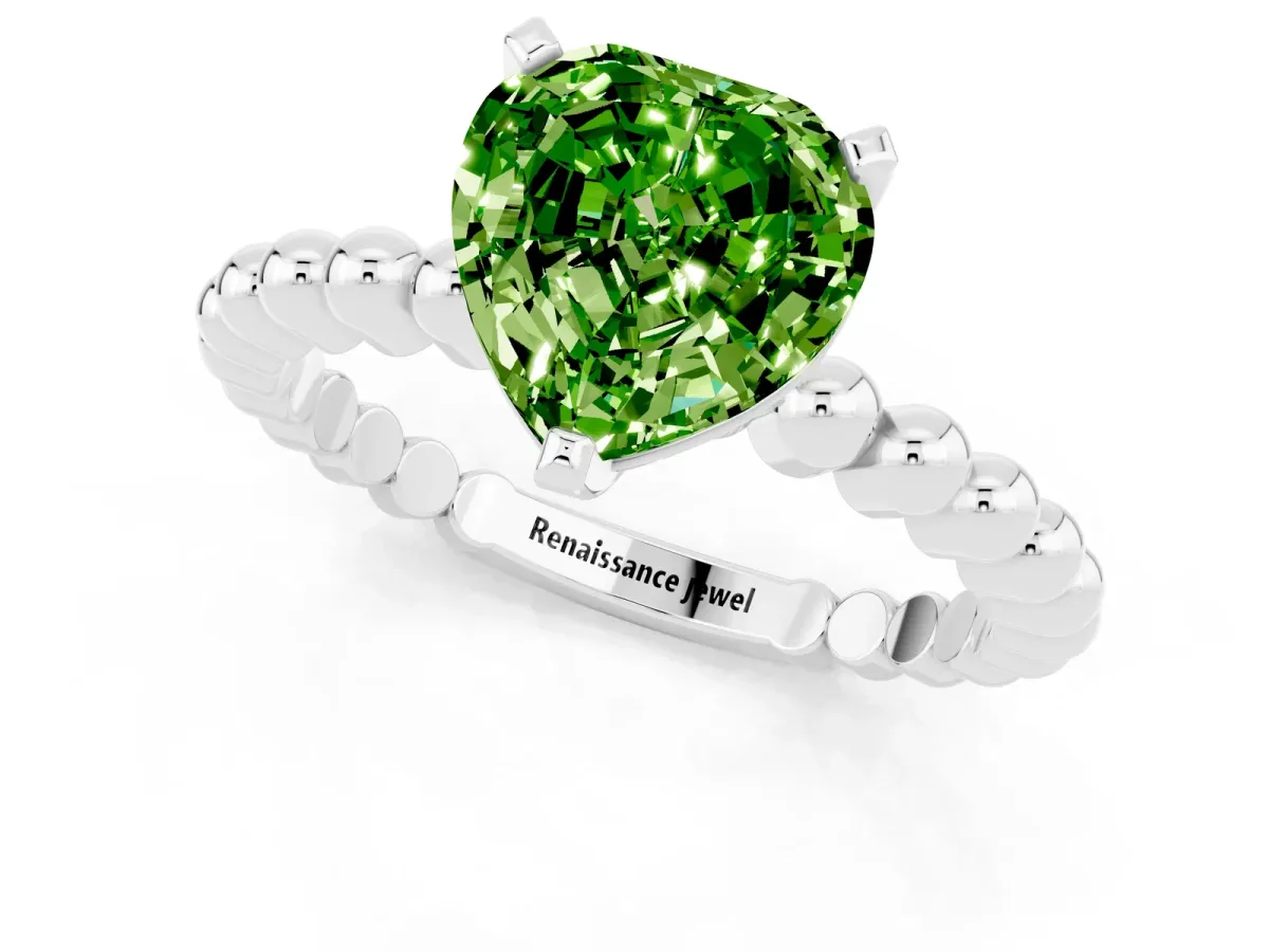 Heart Cut Peridot Solitaire Ring with Beaded Band and Prong Setting White gold