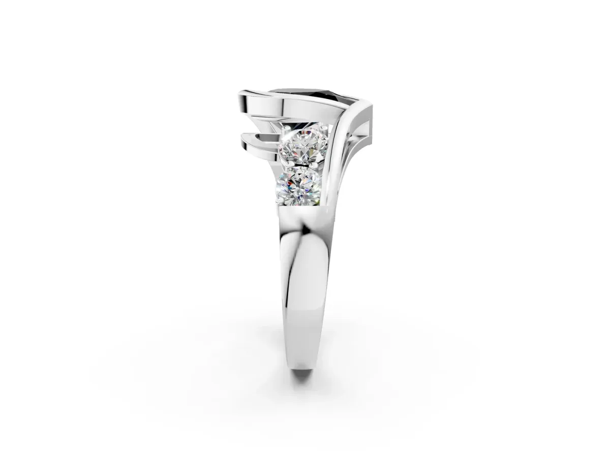 Fancy Black Bezel Set Pear Cut Diamond Bypass Ring with Round Accents Silver