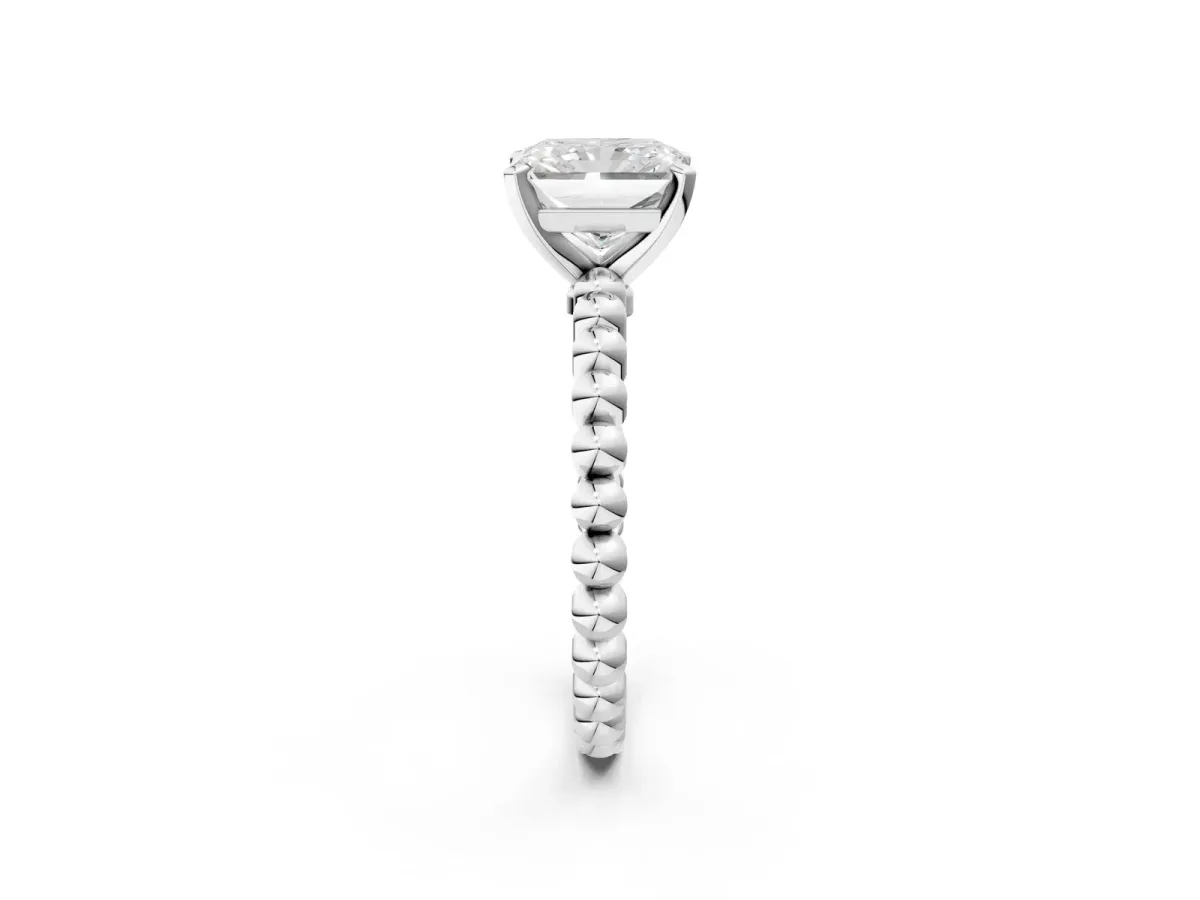 Radiant Cut Diamond Solitaire Ring with Beaded Band and Prong Setting White gold