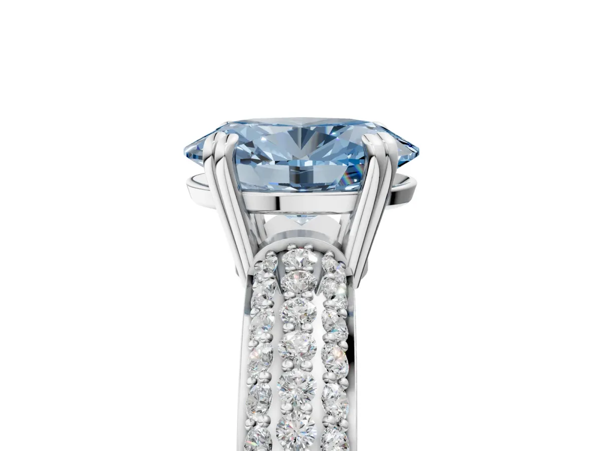 Fancy Blue Oval Cut Diamond Solitaire Ring with Multi-Row Round Pavé Band and Prong Setting White gold