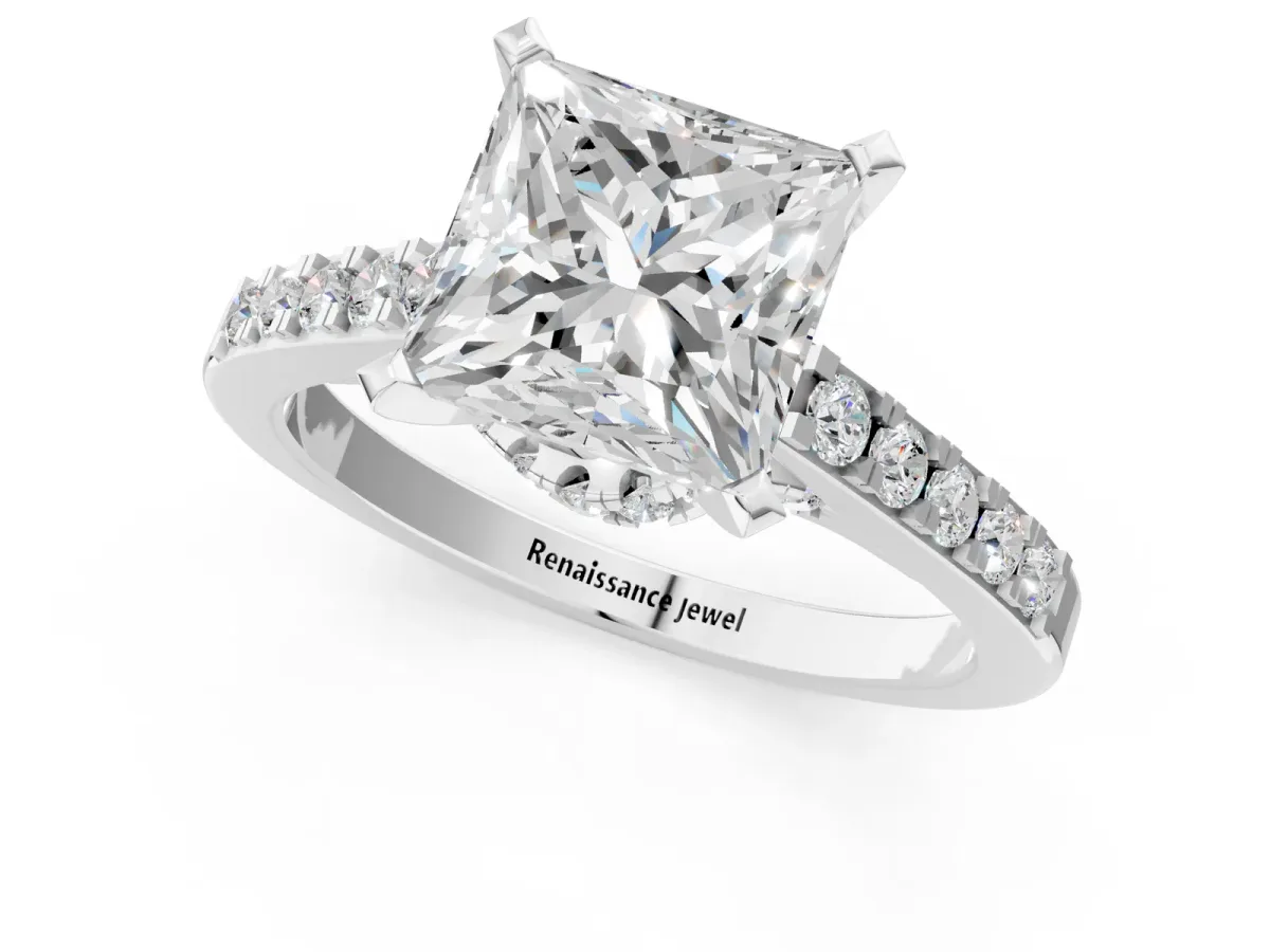 Princess Cut Diamond Solitaire Ring with Crossover Gallery and Round Pavé Band Silver