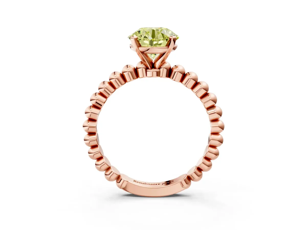 Fancy Yellow Round Cut Diamond Solitaire Ring with Beaded Band and Prong Setting Rose gold