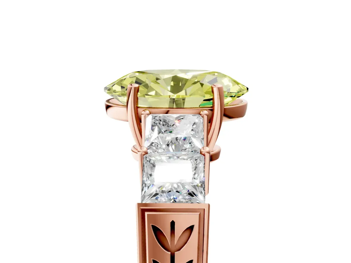 Fancy Yellow Oval Cut Solitaire Princess Side Stone Engraved Band Prong Setting Ring Rose gold