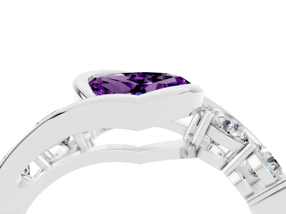 Bezel Set Heart Cut Amethyst Bypass Ring with Round Accents Platinum