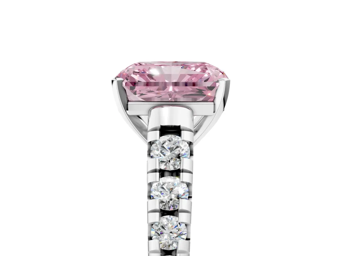 Fancy Pink Radiant Cut Diamond Cathedral Solitaire Ring with Round Pavé Band Silver