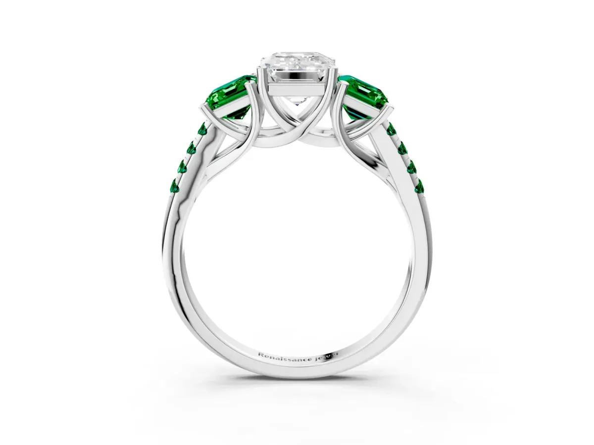 Three-Stone Emerald Cut Diamond Ring with Round Emerald Pavé Band and Prong Setting White gold