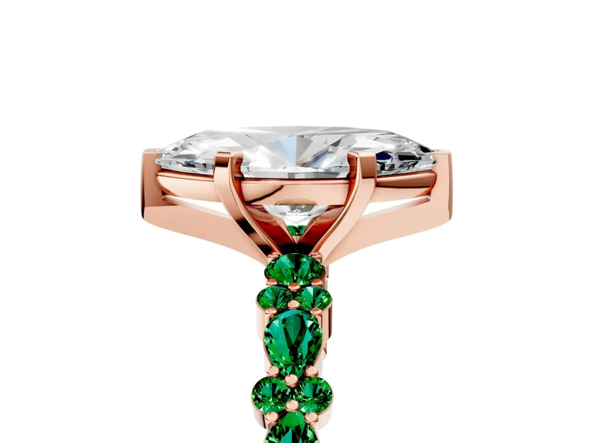 Marquise Cut Diamond Side Stone Solitaire Ring with Round Emerald and Four-Prong Setting Rose gold