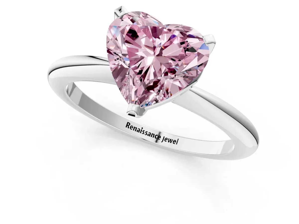 Fancy Pink Heart Cut Diamond Solitaire Ring with Six-Prong Setting and Classic Band Silver