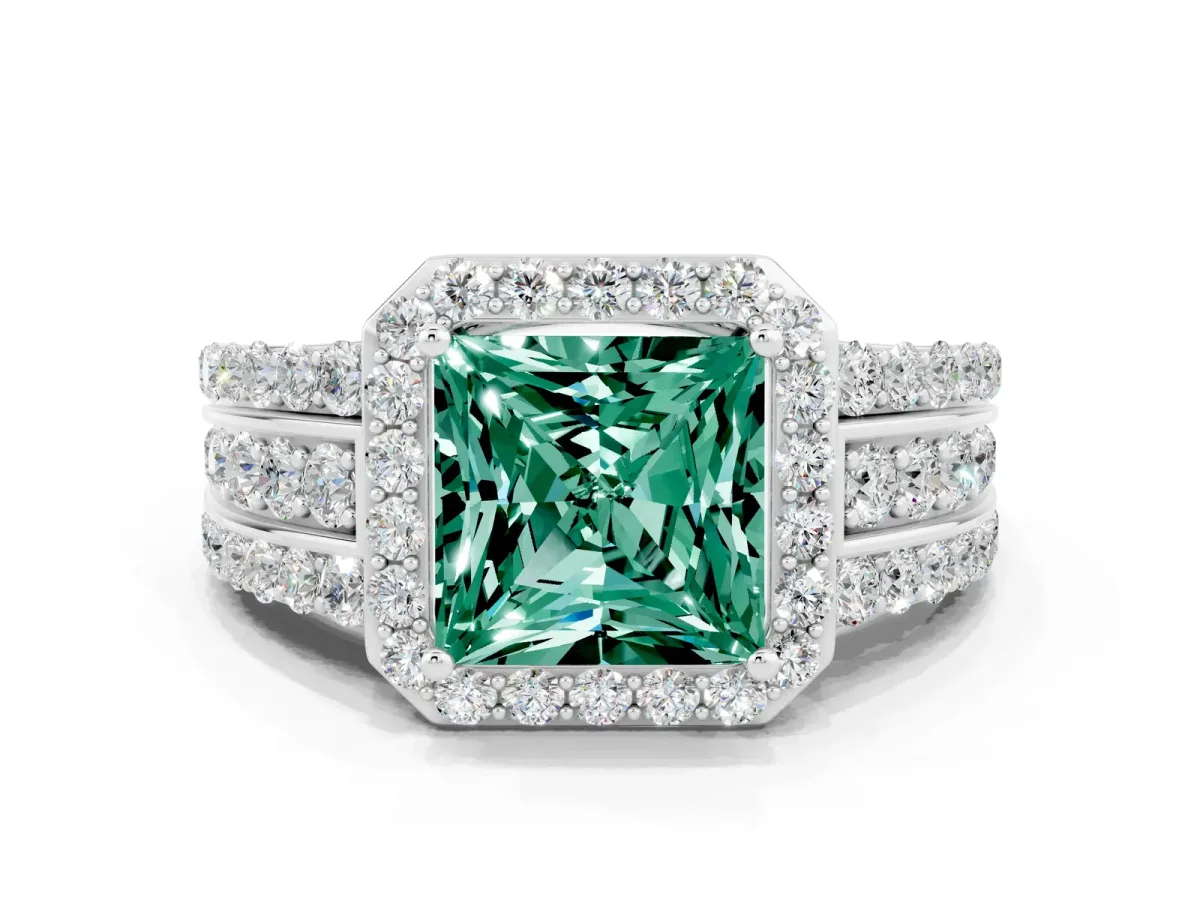 Princess Cut Halo Green Sapphire Ring with Round Split Shank and Prong Setting Silver