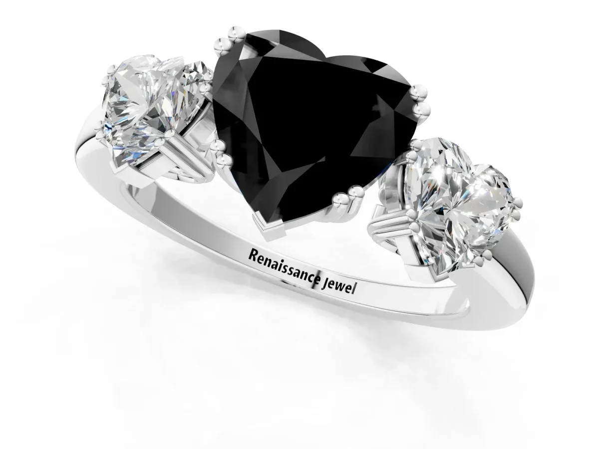 Fancy Black Three-Stone Heart Cut Cut Diamond Ring with Channel Set Band and Four-Prong Setting Silver