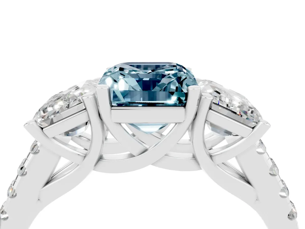 Three-Stone Emerald Cut Aquamarine Ring with Round Pavé Band and Prong Setting Silver