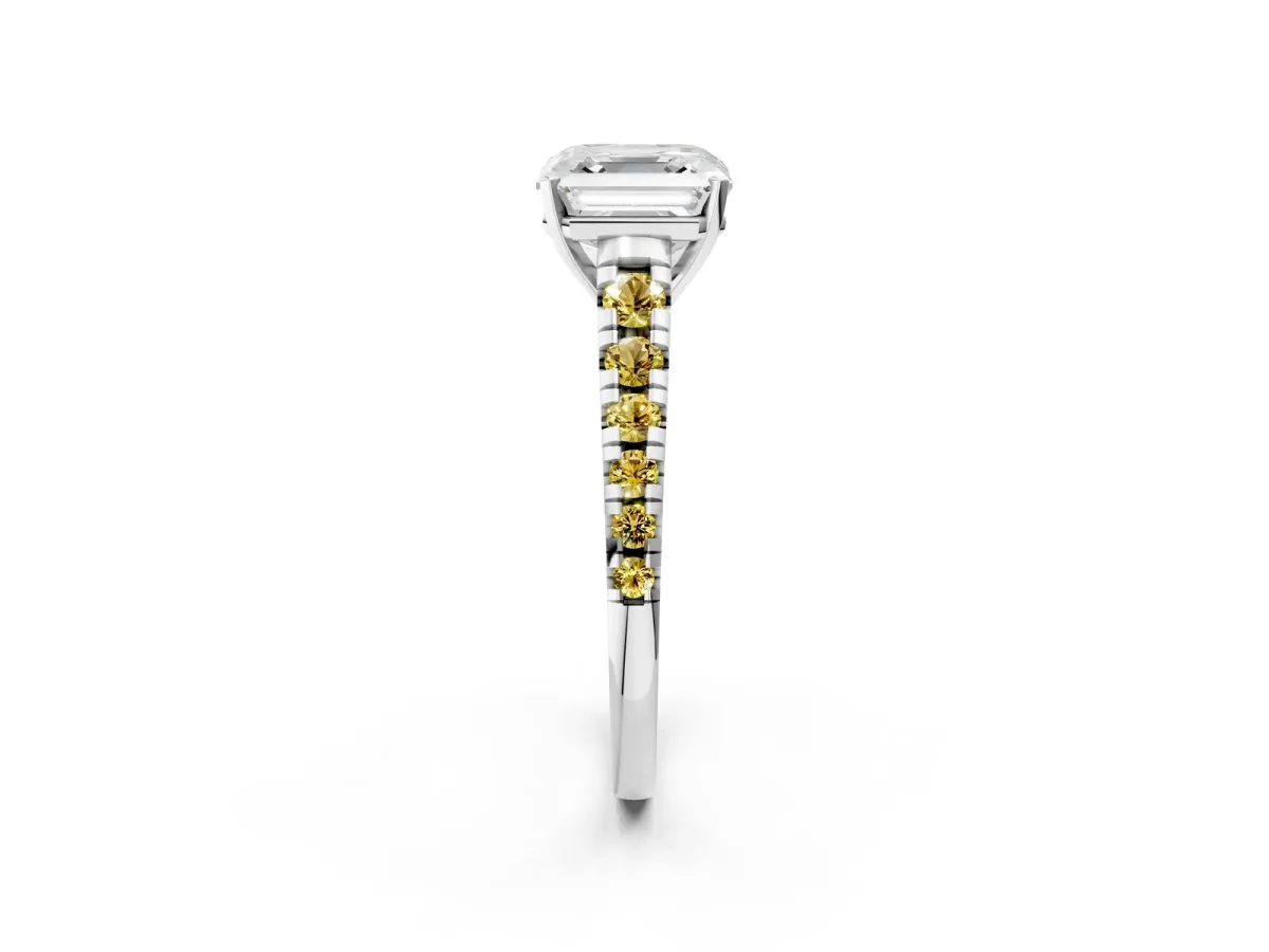 Asscher Cut Diamond Cathedral Solitaire Ring with Round Yellow Sapphire Pavé Band Silver