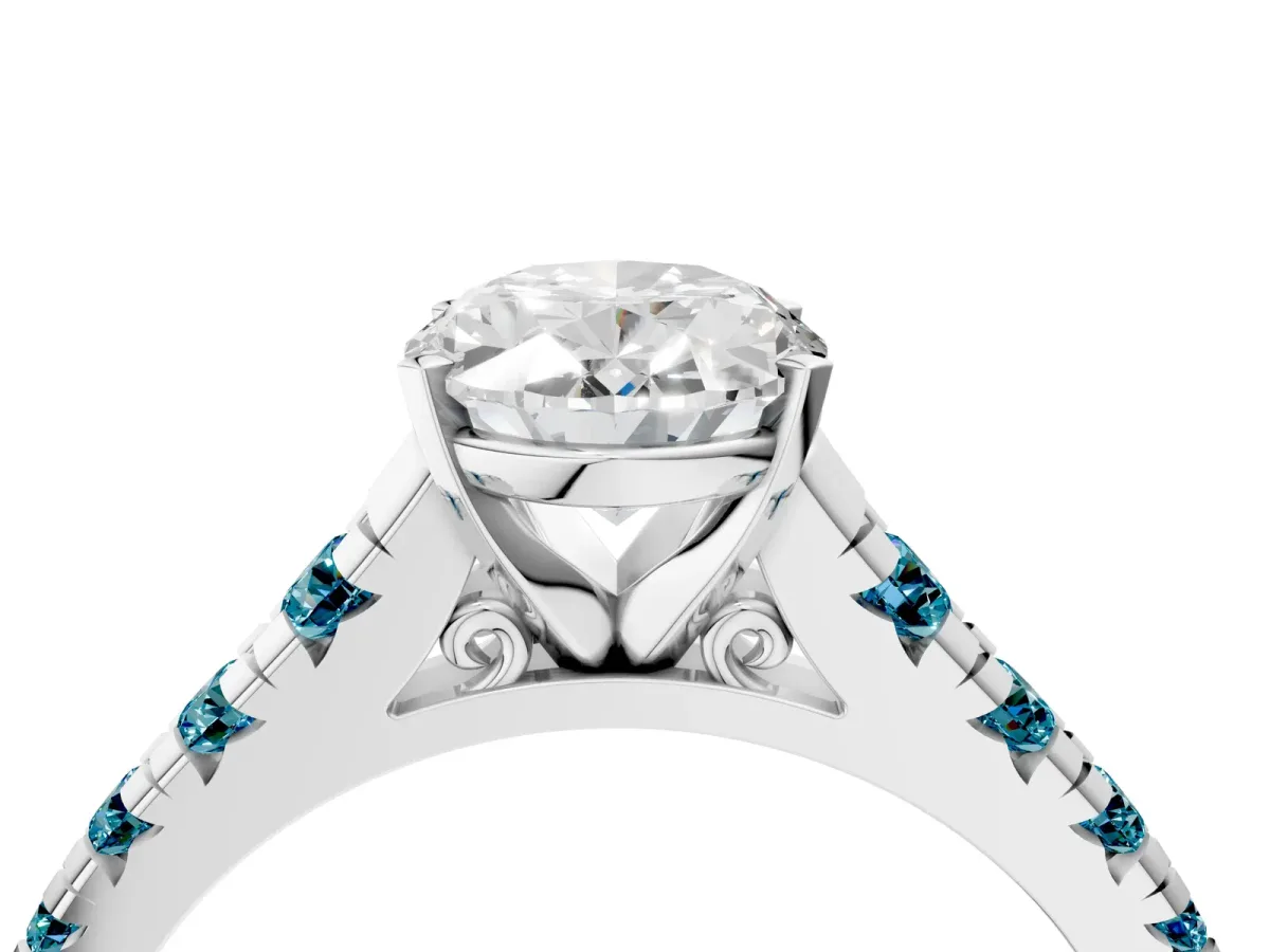 Oval Cut Diamond Cathedral Solitaire Ring with Round Blue Topaz Pavé Band Silver