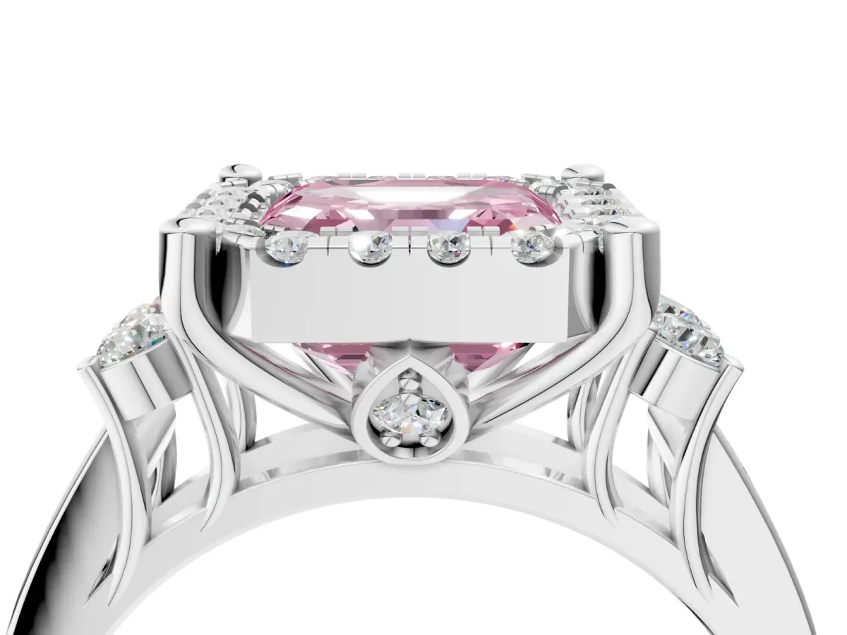 Fancy Pink Asscher Cut Halo Diamond Engagement Ring with Split Shank and Four-Prong Setting Platinum