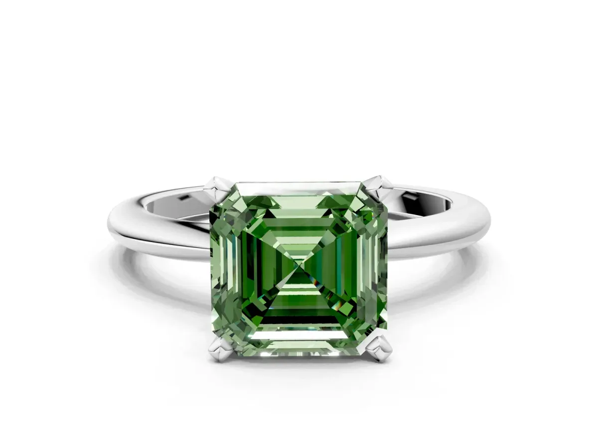 Fancy Green Asscher Cut Diamond Solitaire Ring with Six-Prong Setting and Classic Band Silver