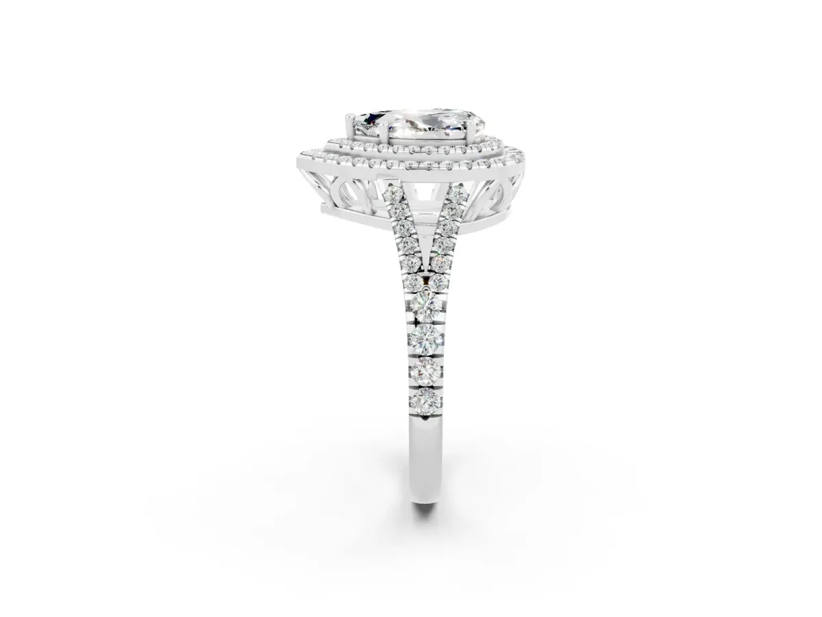 Pear Cut Moissanite Double Halo Ring with Pavé Band and Prong Setting Silver
