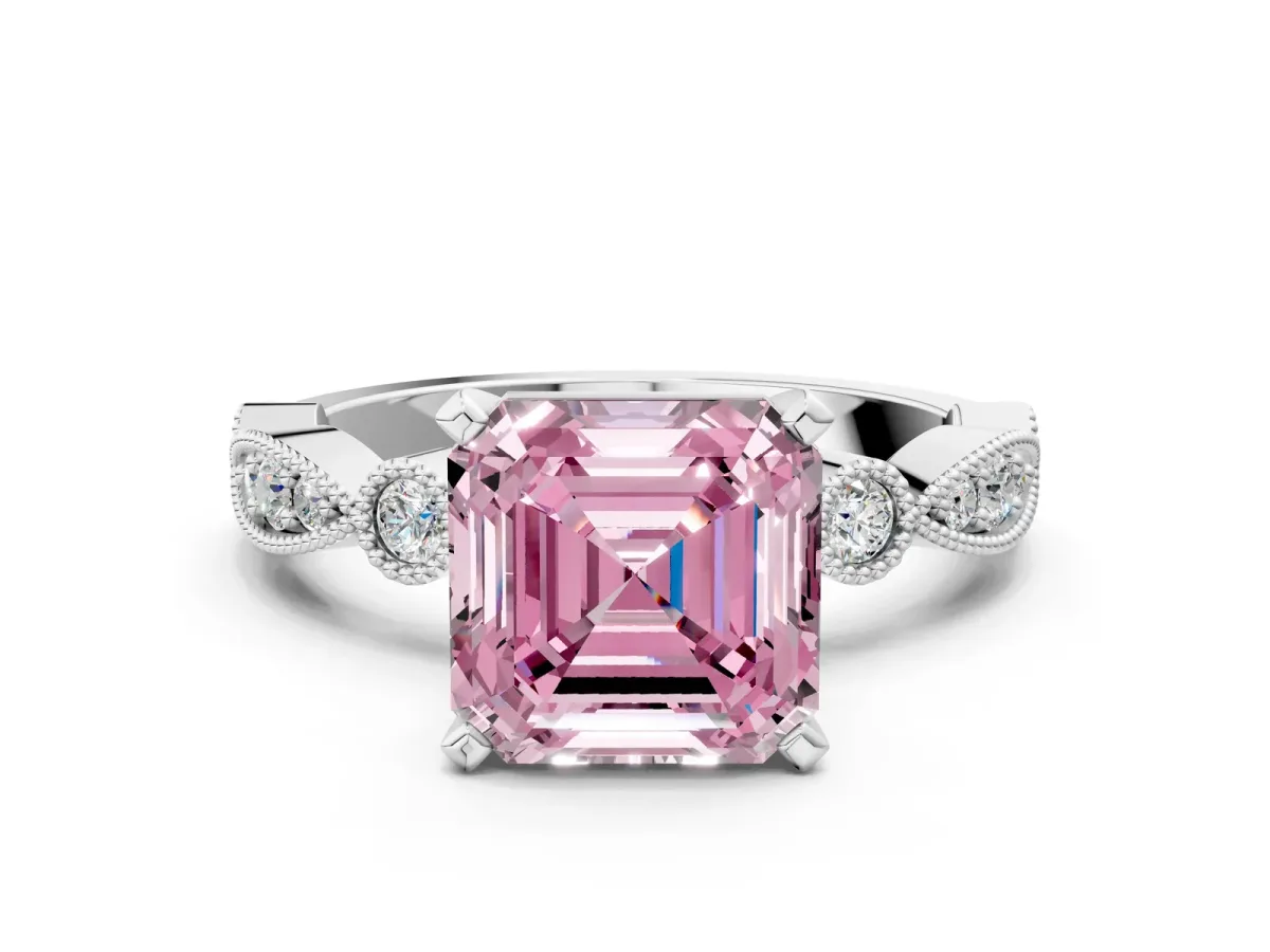 Fancy Pink Asscher Cut Milgrain Bezel Diamond Engagement Ring with Solitaire Prong Setting Platinum