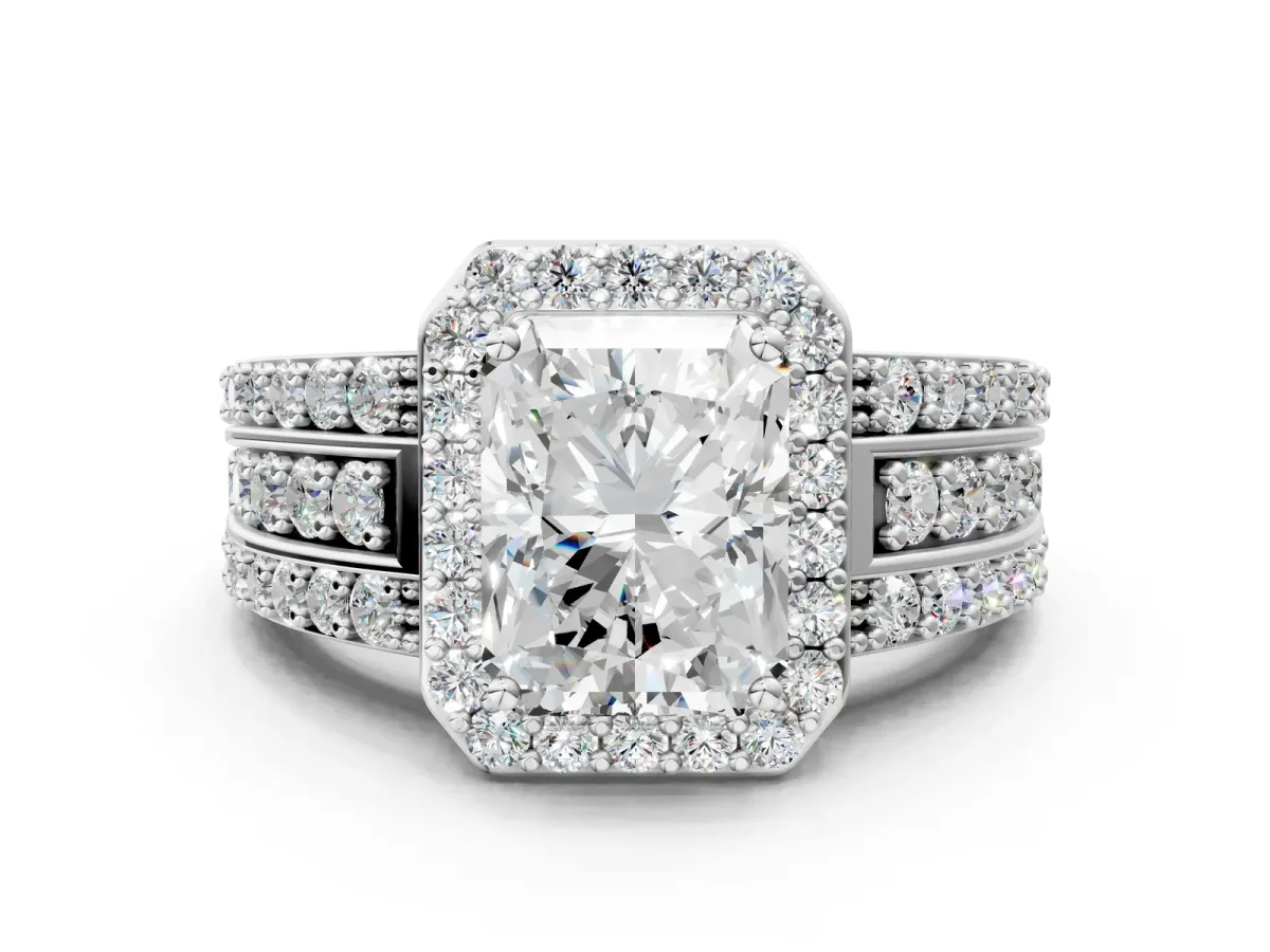 Radiant Cut Halo Diamond Ring with Round Split Shank and Prong Setting Platinum