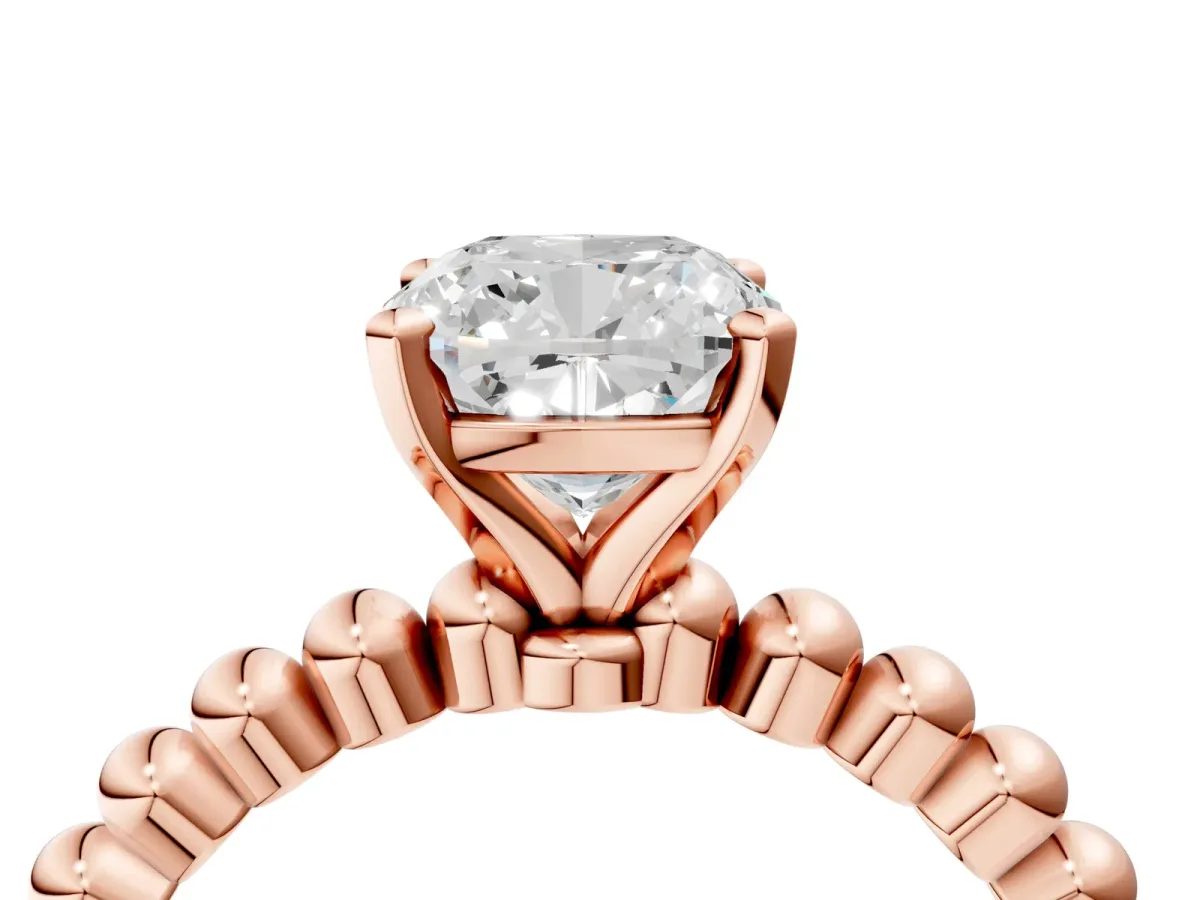 Cushion Cut Diamond Solitaire Ring with Beaded Band and Prong Setting Rose gold