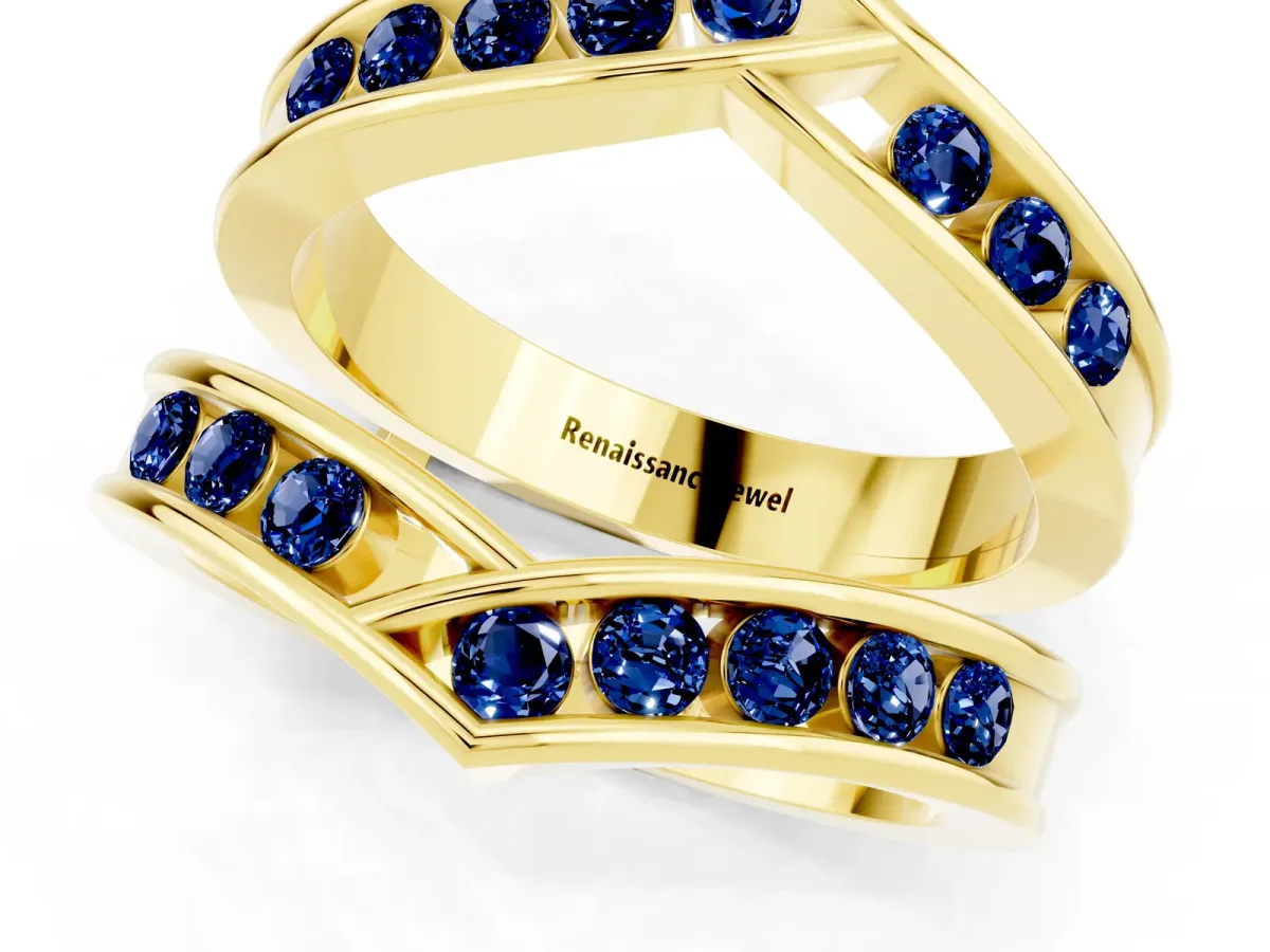 Round Blue Sapphire Channel-Set Chevron Band Yellow gold