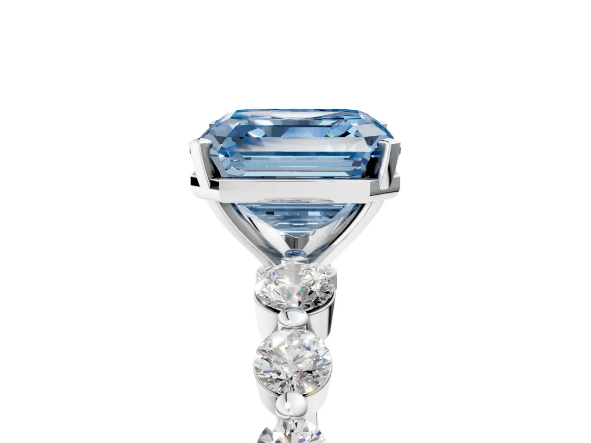 Fancy Blue Asscher Cut Solitaire Diamond Ring with Pave Band and Four-Prong Setting Silver