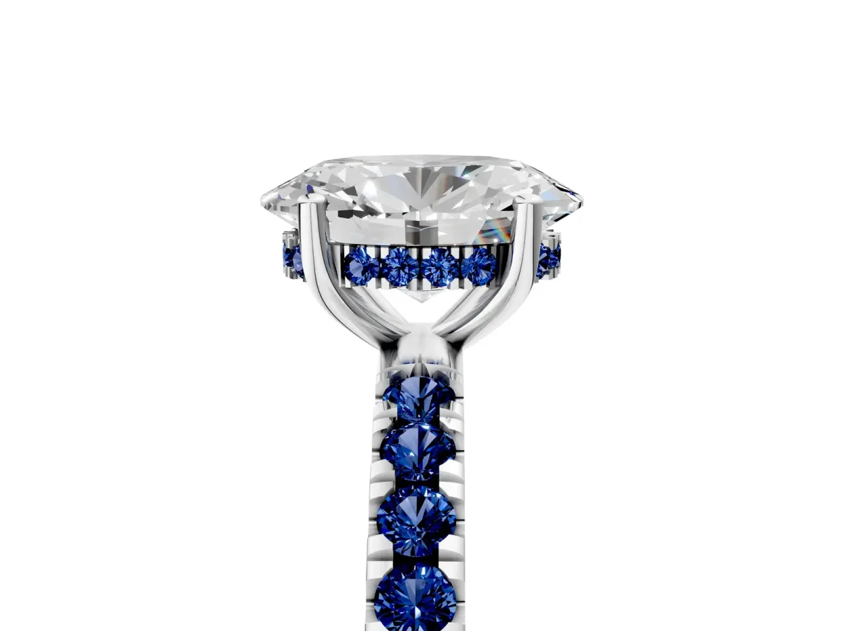 Oval Cut Diamond Pave Band Solitaire Ring with Round Blue Sapphire and Prong Setting Platinum