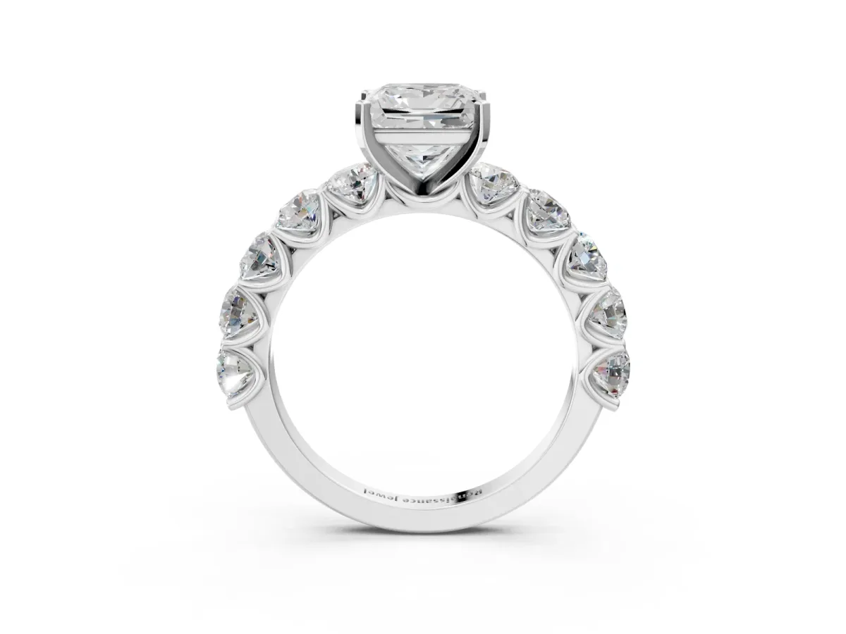 Princess Cut Diamond Prong Setting with Side Stones on a Pave Band White gold